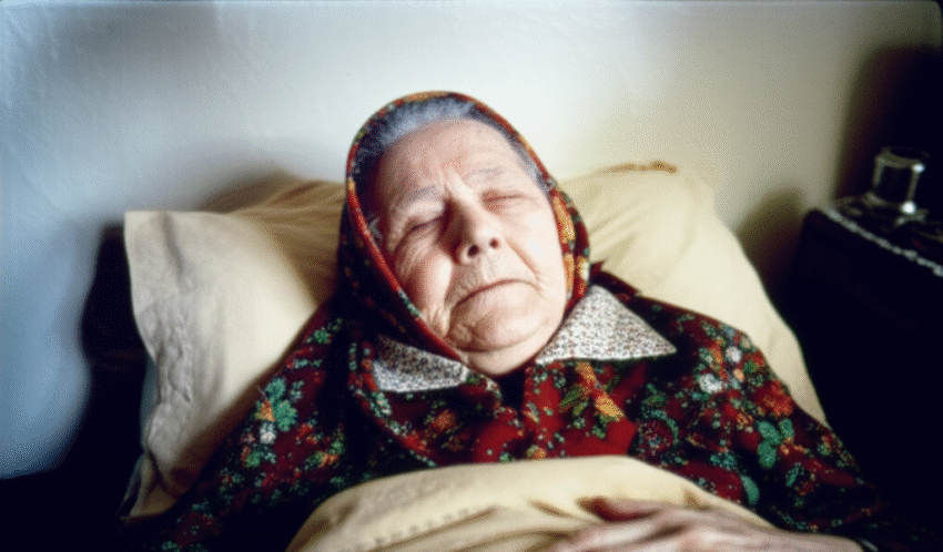 бабуся лежить на ліжку