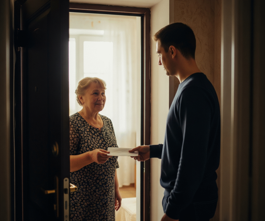 мати передає конверт сину